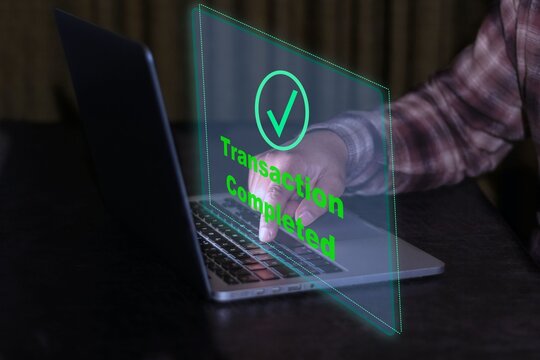 Virtual screen displaying a message confirming a completed transaction
