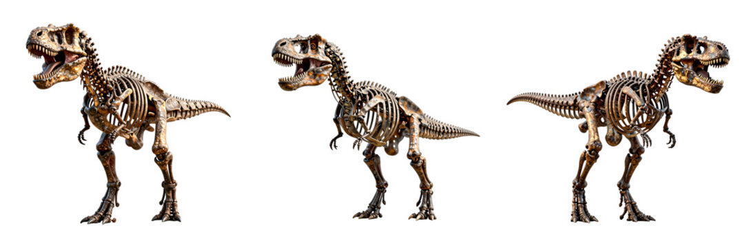 Three trexes rendered as mechanical skeletons stand on a black backdrop