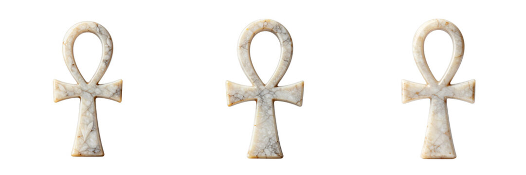 Three tan marble ankhs stand out against a stark black background