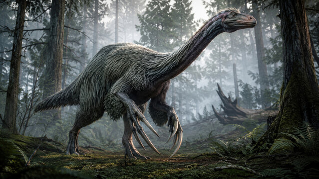 Realistic Feathered Therizinosaurus with Giant Claws in Prehistoric Forest