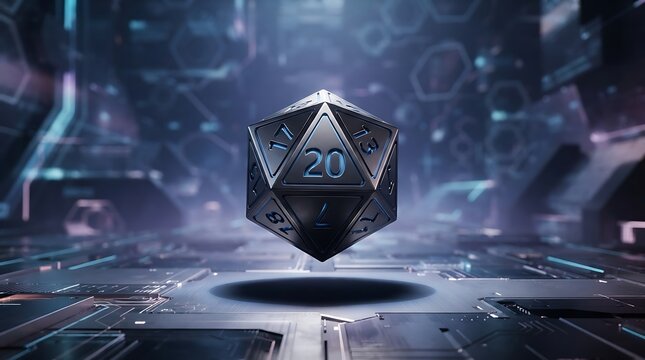 Flame-20 sided dice resting on a futuristic metallic platform with glowing blue digital circuitry background representing high-tech gaming and luck