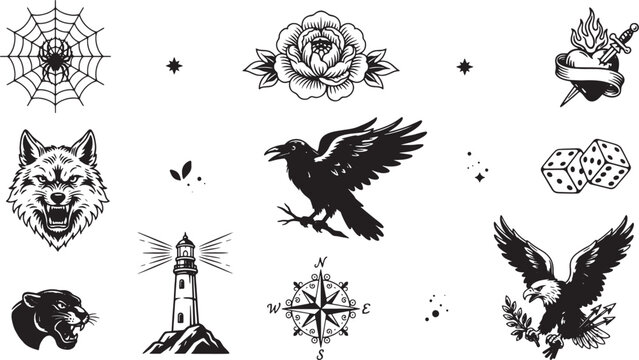 Collection of traditional tattoo flash including a spider web, rose, wolf head, raven, lighthouse, and eagle on white background