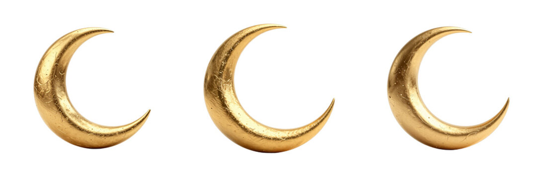 Three golden crescent moons shine against a solid black background