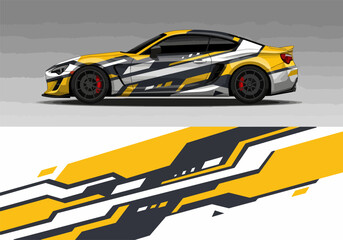 Fototapeta premium Yellow and black camouflage sports car with racing stripes