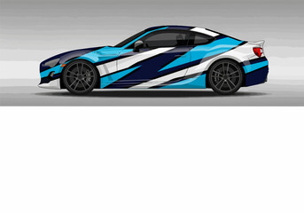 Fototapeta premium Blue and white sports car with dynamic racing design wrap