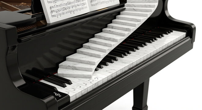 Creative ing of a black grand piano with white marble keys and a curved marble staircase steps for musical education