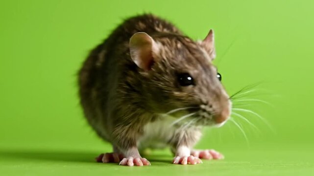 Cute brown pet rat standing and looking around against a green background close up