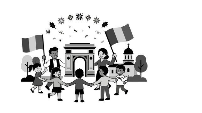 Diverse group of children celebrating with flags at monument