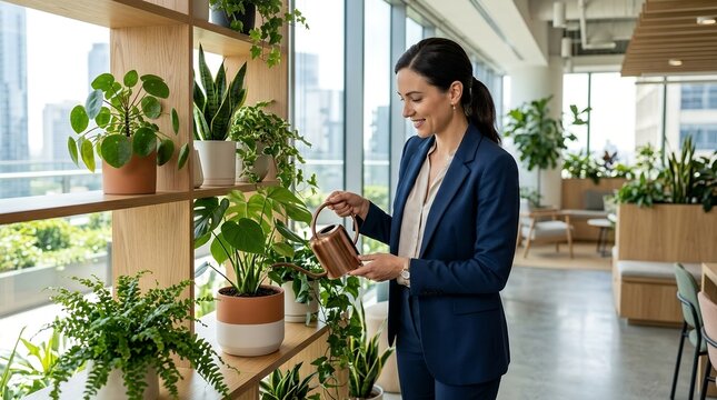 Professional businesswoman watering indoor plants in a modern sunlit office workspace.