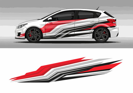 White hatchback car with red and black racing decals