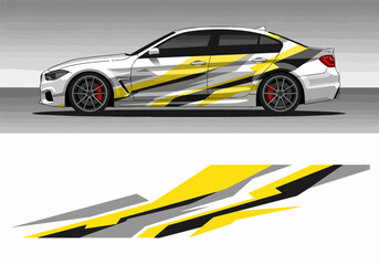 Fototapeta premium White sports car with yellow and black geometric wrap design