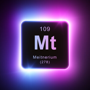 Meitnerium element colorful neon glowing icon lens flare, periodic table.