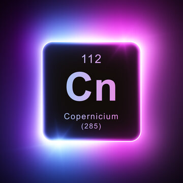 Copernicium element colorful neon glowing icon lens flare, periodic table.
