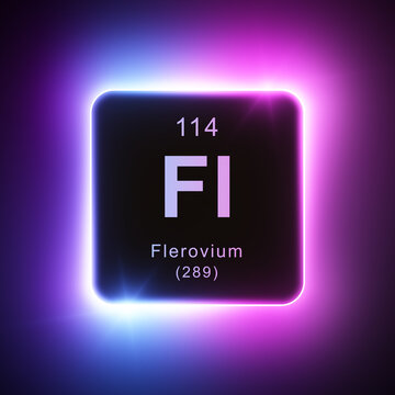 Flerovium element colorful neon glowing icon lens flare, periodic table.