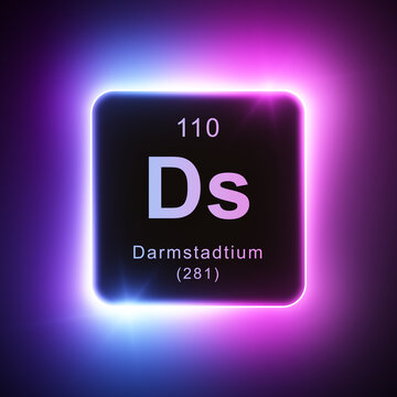 Darmstadtium element colorful neon glowing icon lens flare, periodic table.