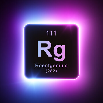 Roentgenium element colorful neon glowing icon lens flare, periodic table.