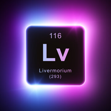 Livermorium element colorful neon glowing icon lens flare, periodic table.