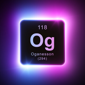 Oganesson element colorful neon glowing icon lens flare, periodic table.