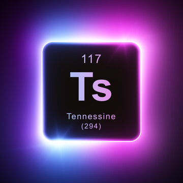 Tennessine element colorful neon glowing icon lens flare, periodic table.