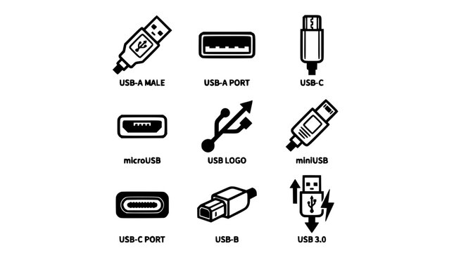 Usb Icons Showing Various Types and Ports for Technology and Design Use Featuring Connectors, Microusb, Miniusb with Plug