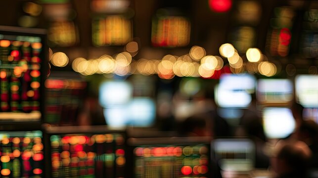 Blurred screens display glowing financial data and market tickers