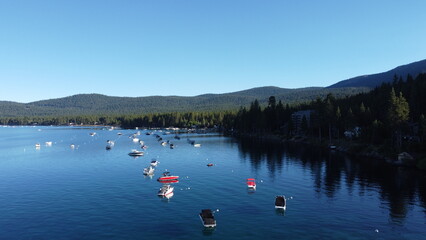 North Lake Tahoe: Aerial view of boats on buoys near Kings Beach and Brockway, CA in early morning © CamManChris
