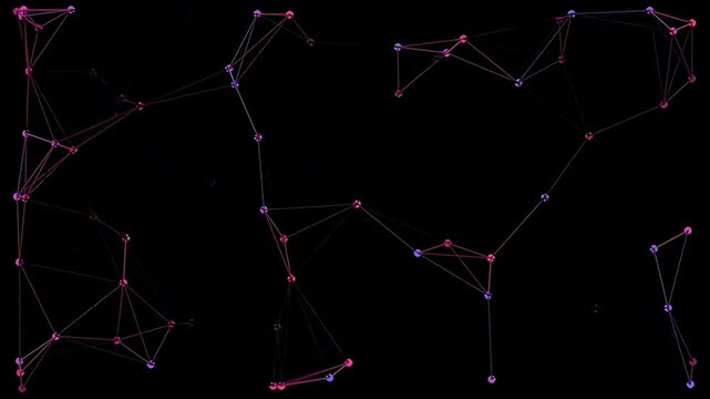 Animated red particle network lines on black backdrop.