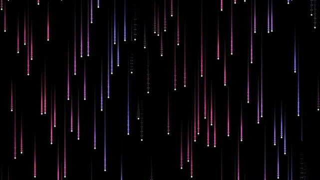 Colorful neon light streaks falling on black.