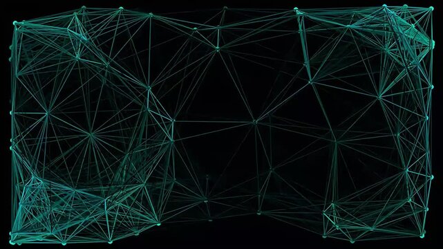 Futuristic teal plexus network lines and nodes morph across dark space animation.
