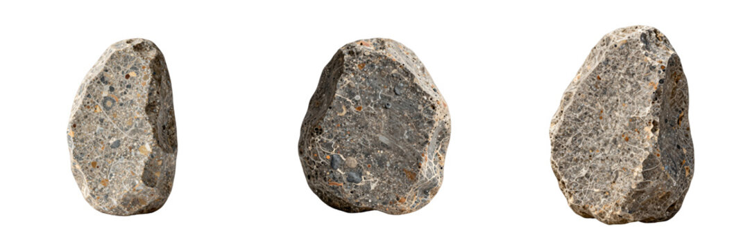 Three views of polished pudding stone against a plain background