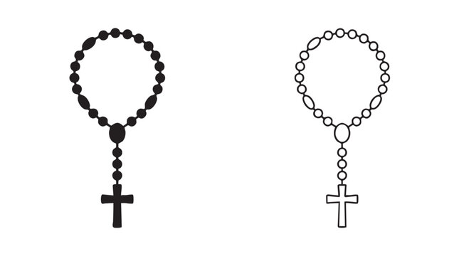 rosary with crucifix black silhouette and outline art vector icon design