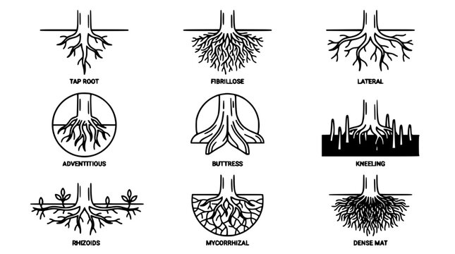 Root Systems Illustrated in Minimalist Vector Designs Featuring Taproot, Fibrillose, Lateral with Adventitious and Buttress