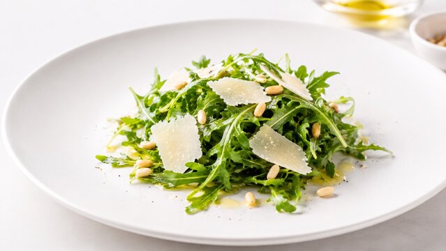 Fresh arugula salad with parmesan cheese shavings and roasted pine nuts.
