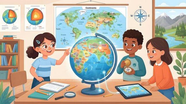 Diverse group of elementary school students studying geography with a globe and world map in a classroom