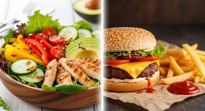 A comparison showing a healthy meal with fresh green salad and chicken alongside a fast food lunch featuring a juicy cheeseburger and crispy french fries for contrasting lifestyle choices