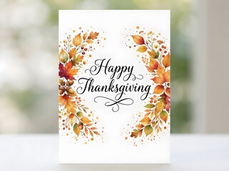 Fototapeta premium A beautiful happy thanksgiving greeting card decorated with a colorful watercolor autumn leaf wreath on white background