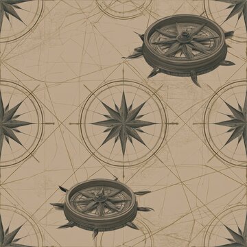 This design features seamless lines and compass roses in aged olive and sepia tones resembling vintage maps from the past century.