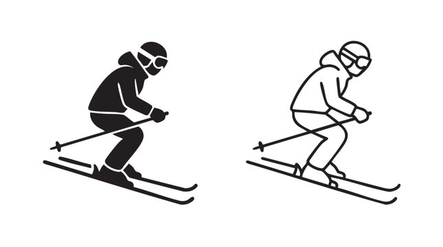 skier silhouette black outline art vector icon design black silhouette and outline art black silhouette and outline art vector icon