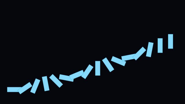 Domino effect business growth chart concept: blue rectangles falling in sequence on animation 4k black background