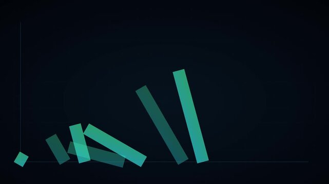 Domino effect business concept with falling green bars on dark animation 4k background, business strategy