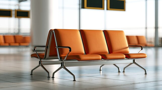 Rows of empty, bright orange seating in a large, sunlit waiting area