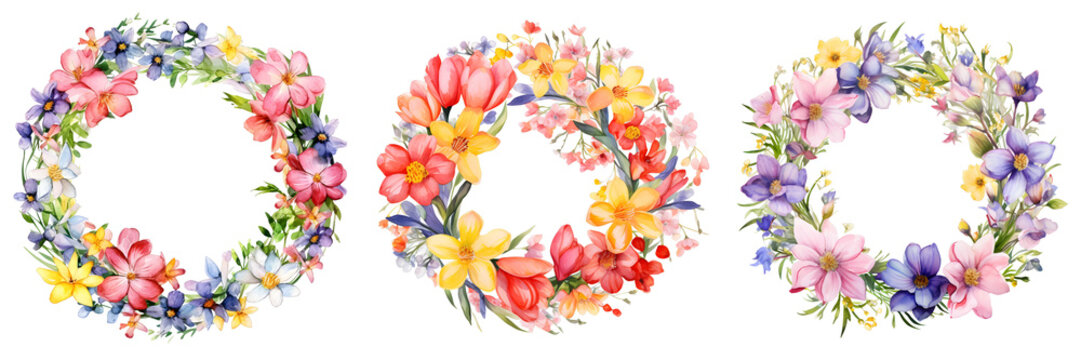 Watercolor painting depicts three floral wreaths against a stark black background with various flower colors
