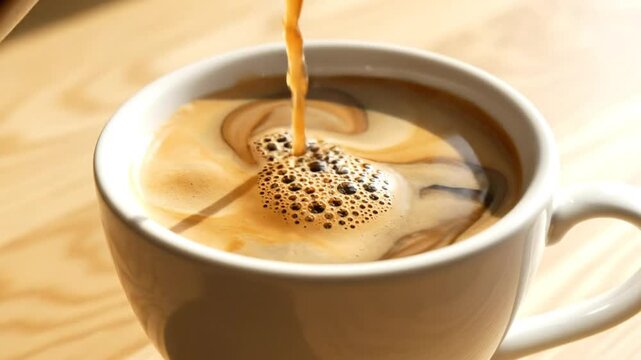 Close-up of a white mug being filled with freshly brewed coffee, creating a swirling foam pattern on a wooden surface