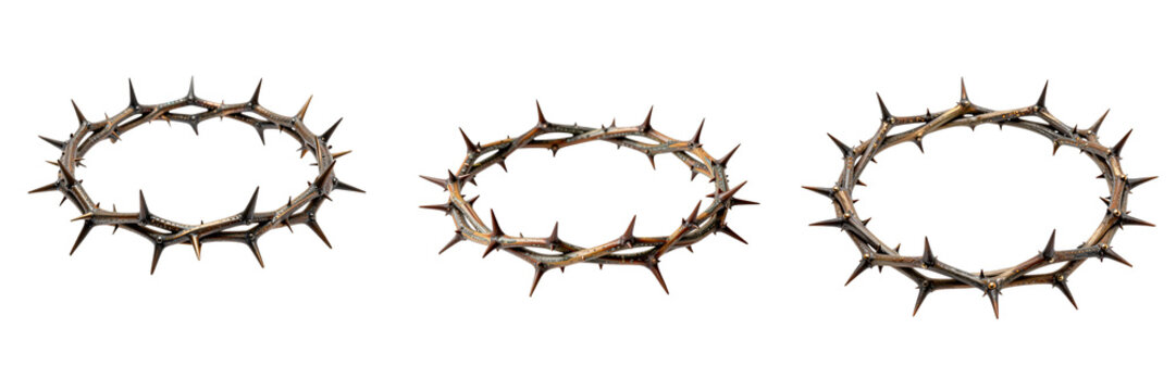 Three views of a crown of thorns on a stark black background for religious themes