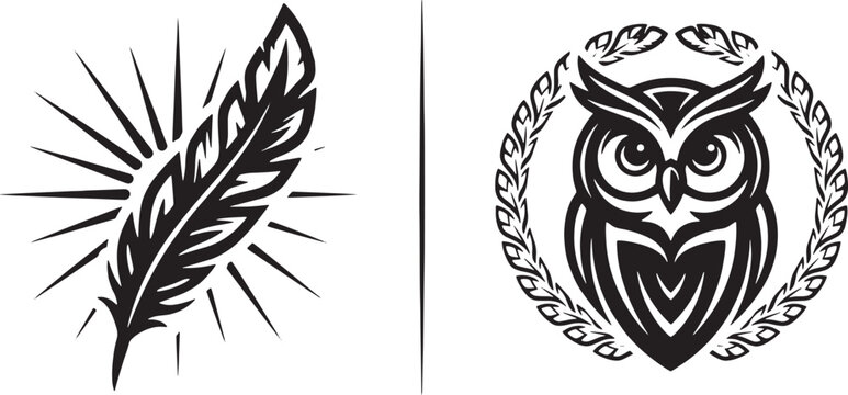 Feather and owl head with decorative borders, black and white set with nature and wildlife symbols on white background