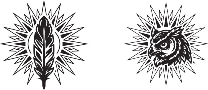 Feather and owl head with sunburst rays, black and white set with celestial and nature symbols on white background