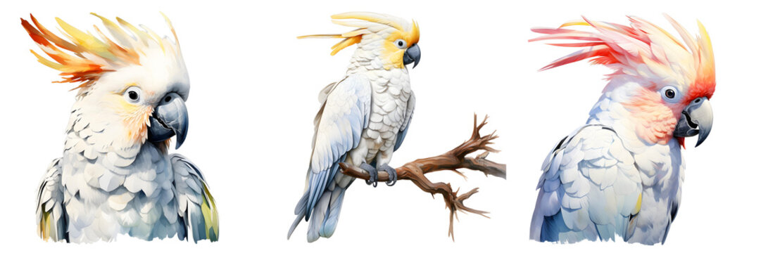 Three colorful cockatoos stand out against a stark black background