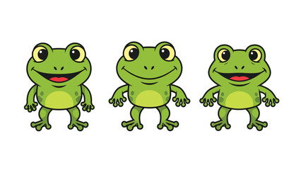 Fototapeta premium Three cartoon frogs smiling and standing side by side on a white background.