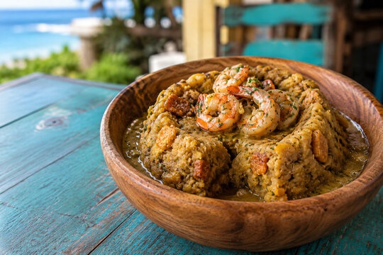 Puerto Rican Mofongo with Garlic Shrimp and Fried Plantain