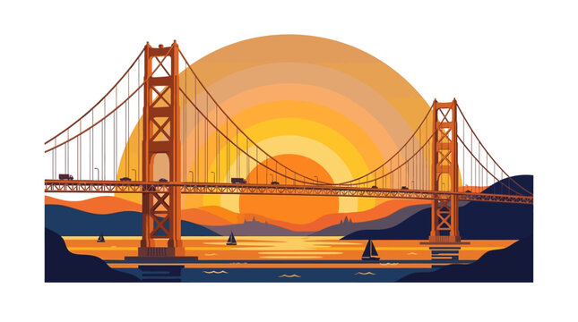 Vector illustration of a suspension bridge over water at sunset.
